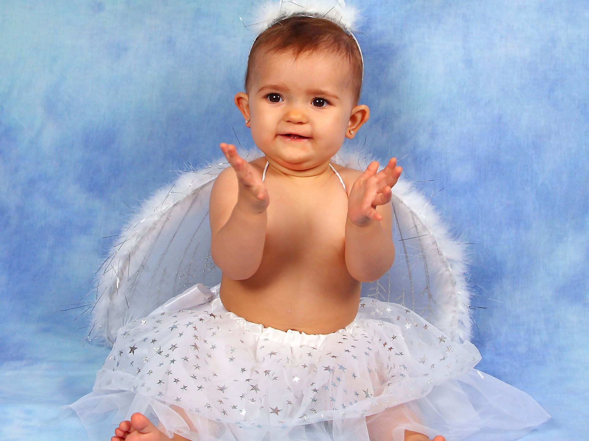 baby dressed as an angel, white wings, starry tutu, Full HD Desktop Wallpaper