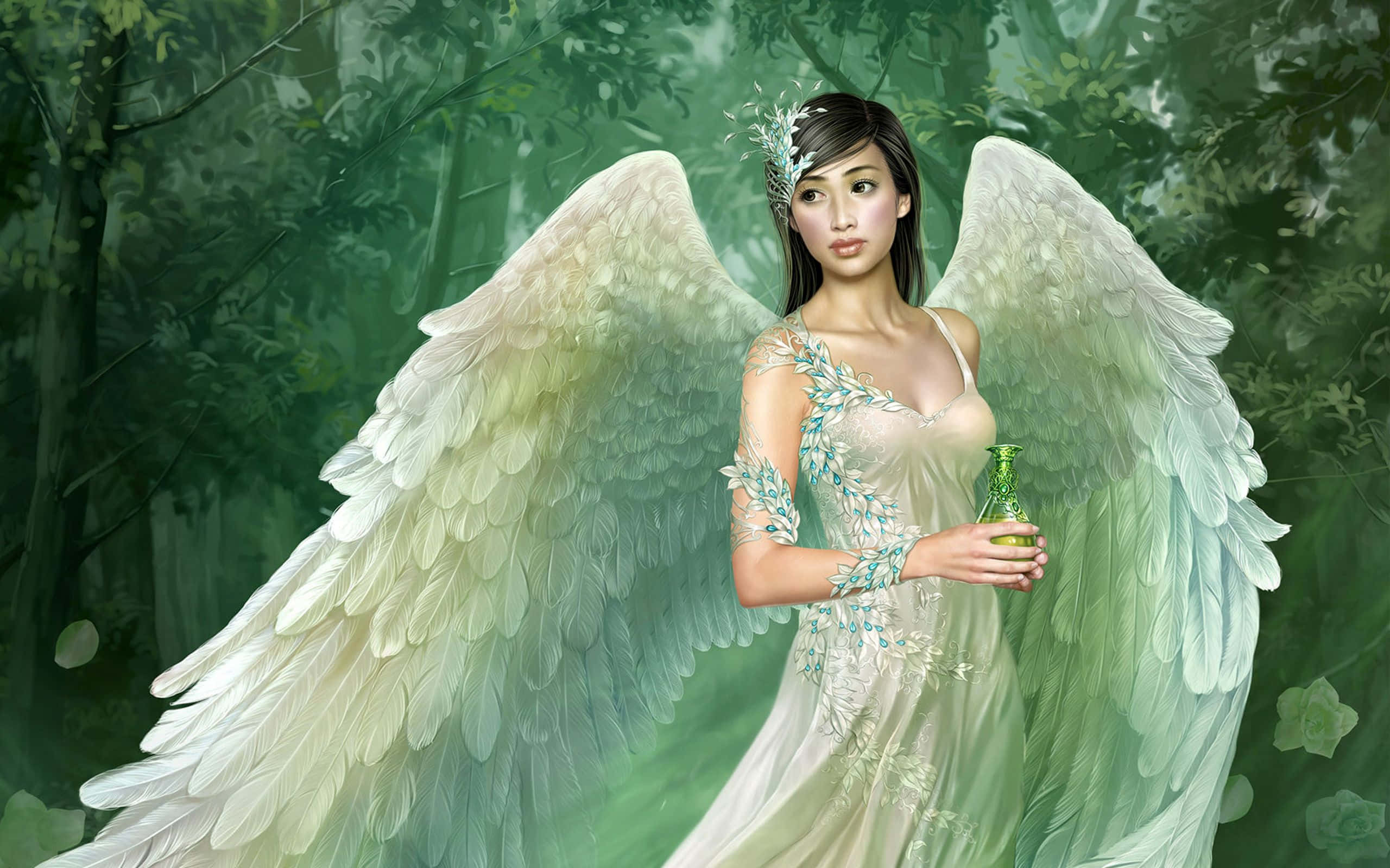 Cute Angels, large white wings, misty green forest, 2K Desktop Wallpaper