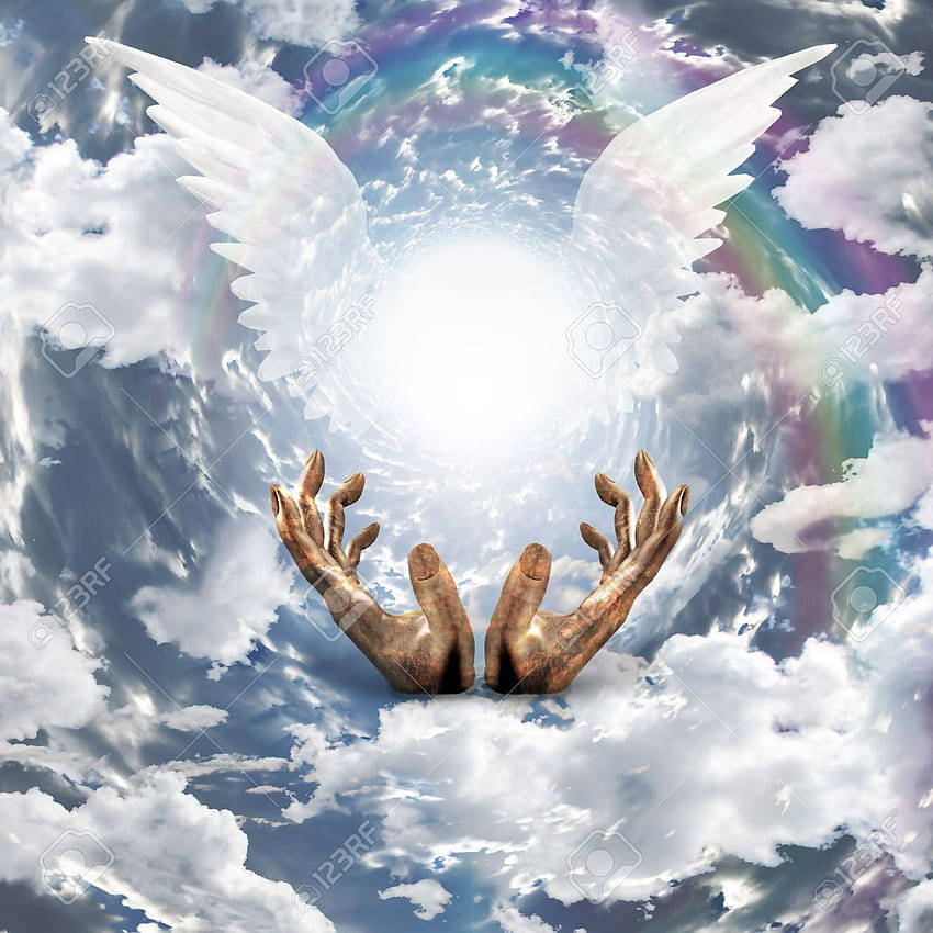 Heavenly Angels, bronze hands, clouds, SD Desktop Wallpaper