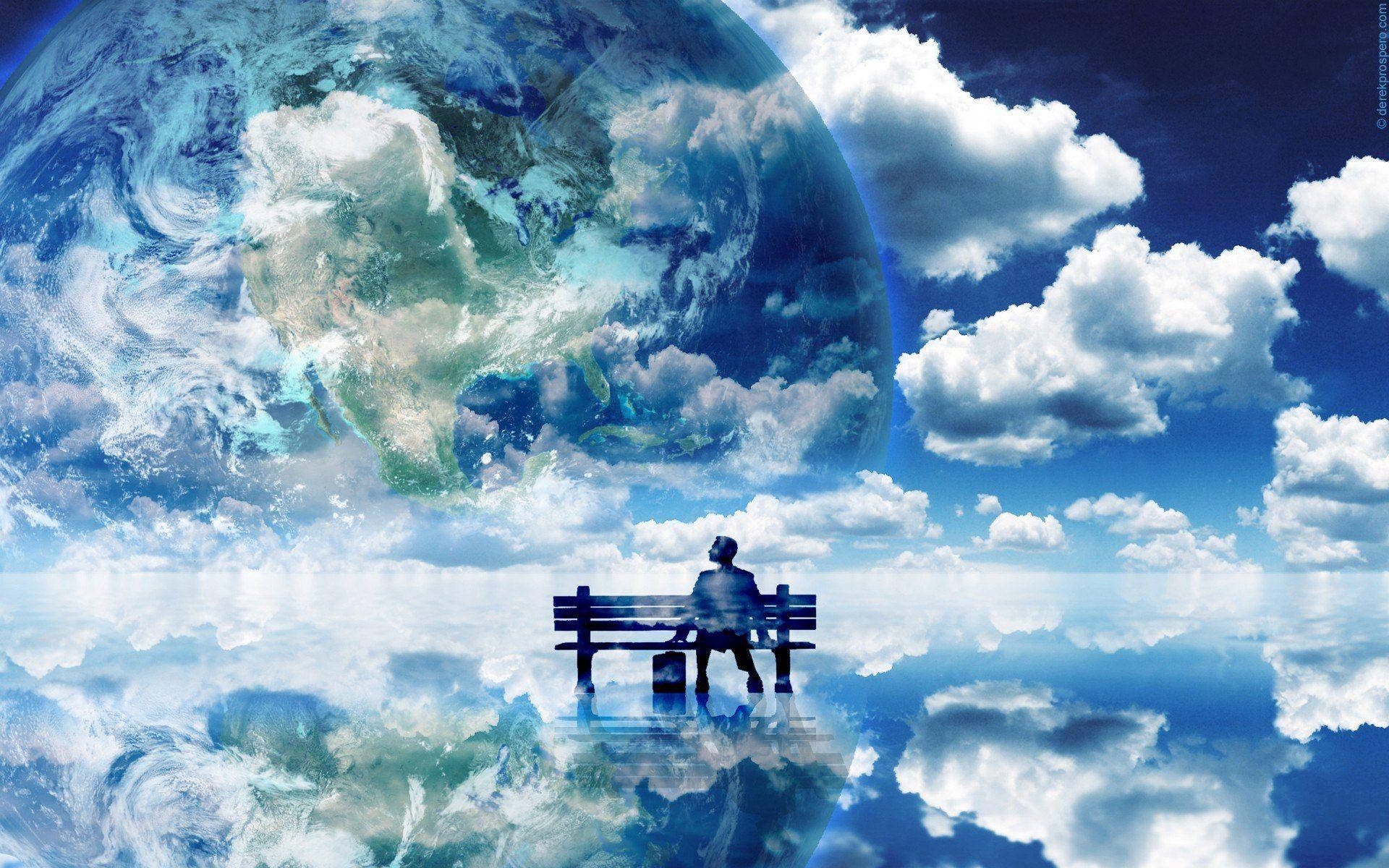Heavenly Clouds, lone traveler, bench, Full HD Desktop Wallpaper