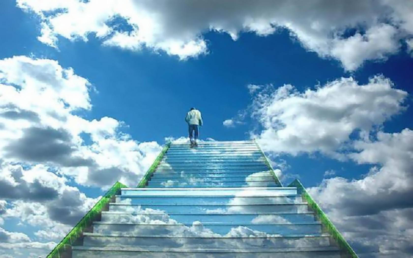 Heavenly Clouds, skyward staircase, vibrant blue sky, HD Desktop Wallpaper
