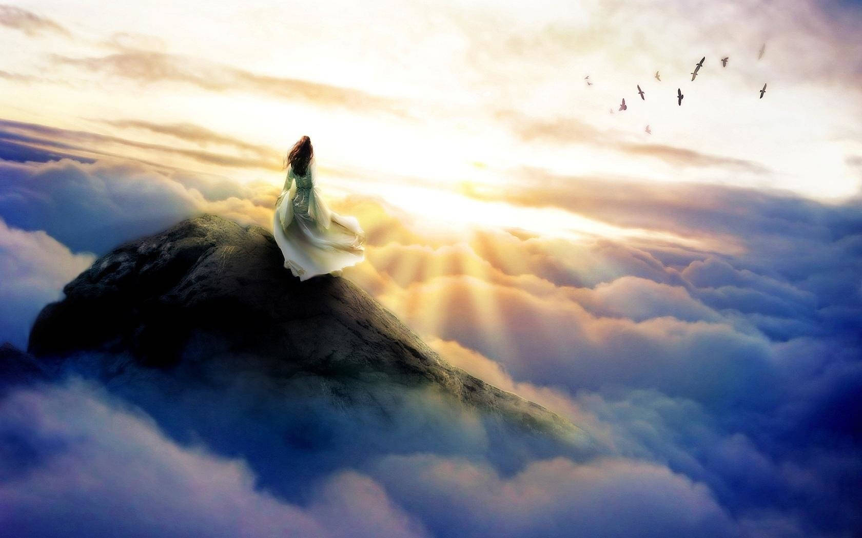 Heavenly Clouds, white gown, mountain peak, HD Desktop Wallpaper