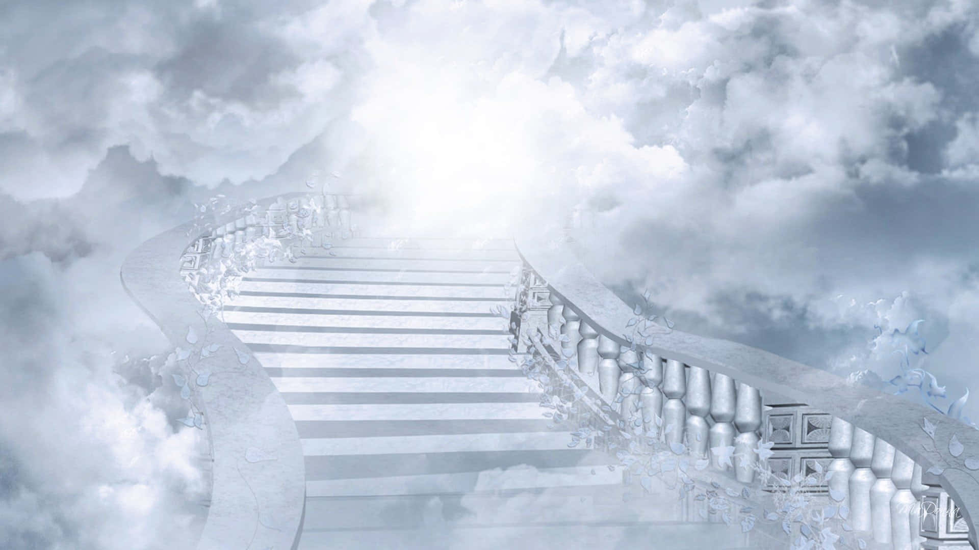 Serene Divine Sky, marble staircase, swirling clouds, Full HD Desktop Wallpaper