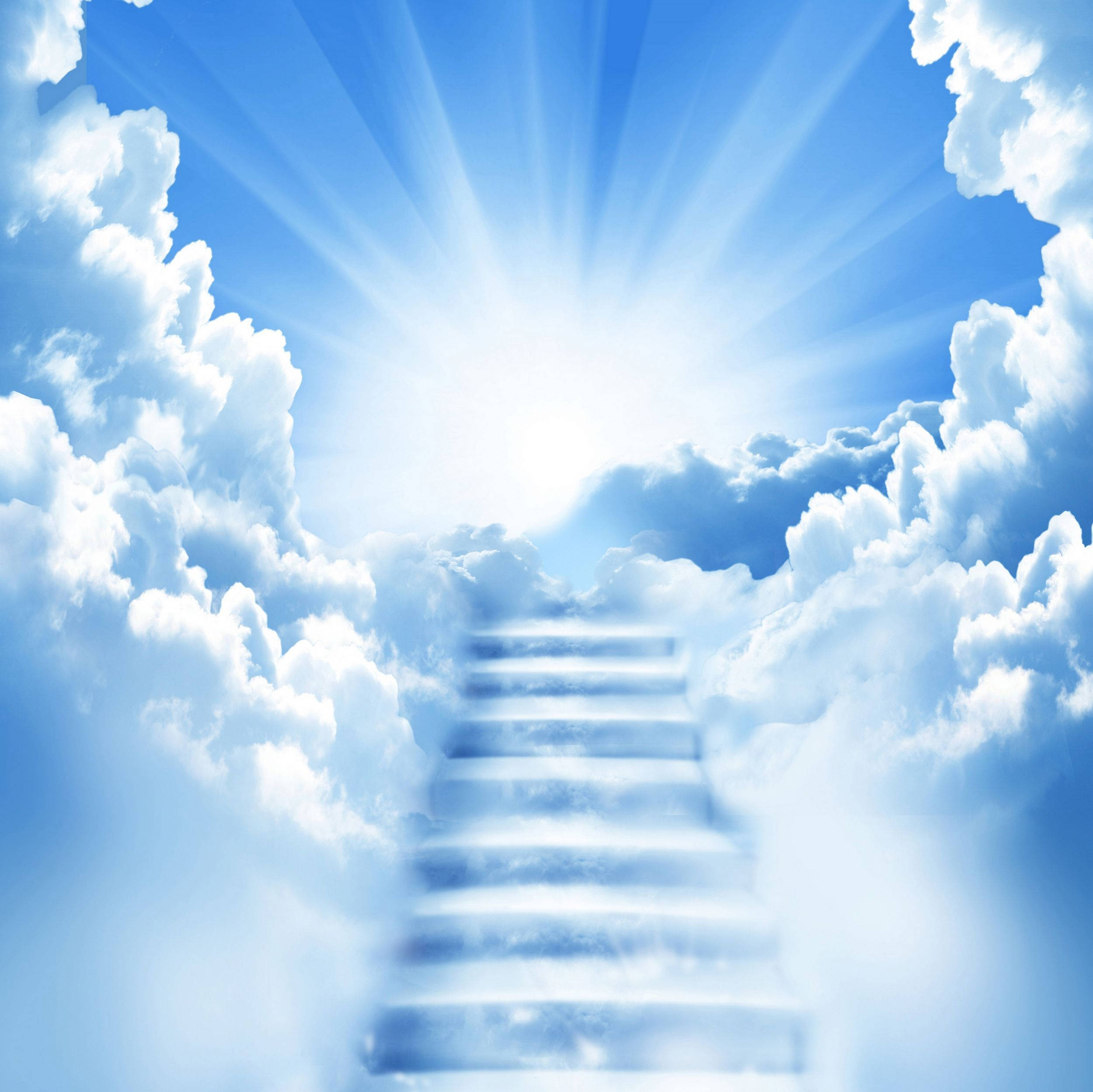 Heavenly Reflection, staircase, fluffy white clouds, Full HD Desktop Wallpaper