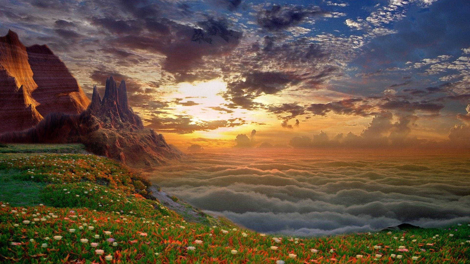 sea of clouds, sunset, red rock formations, Full HD Desktop Wallpaper