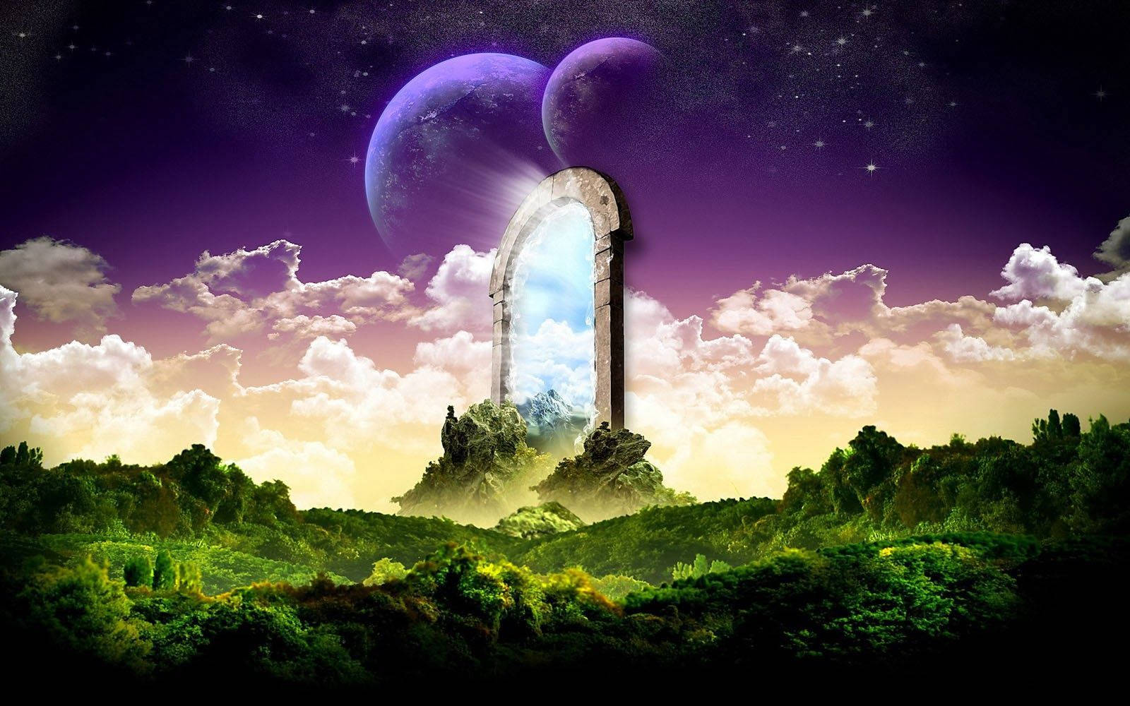 magical heaven entrance, stone archway, lush green valley, HD Desktop Wallpaper