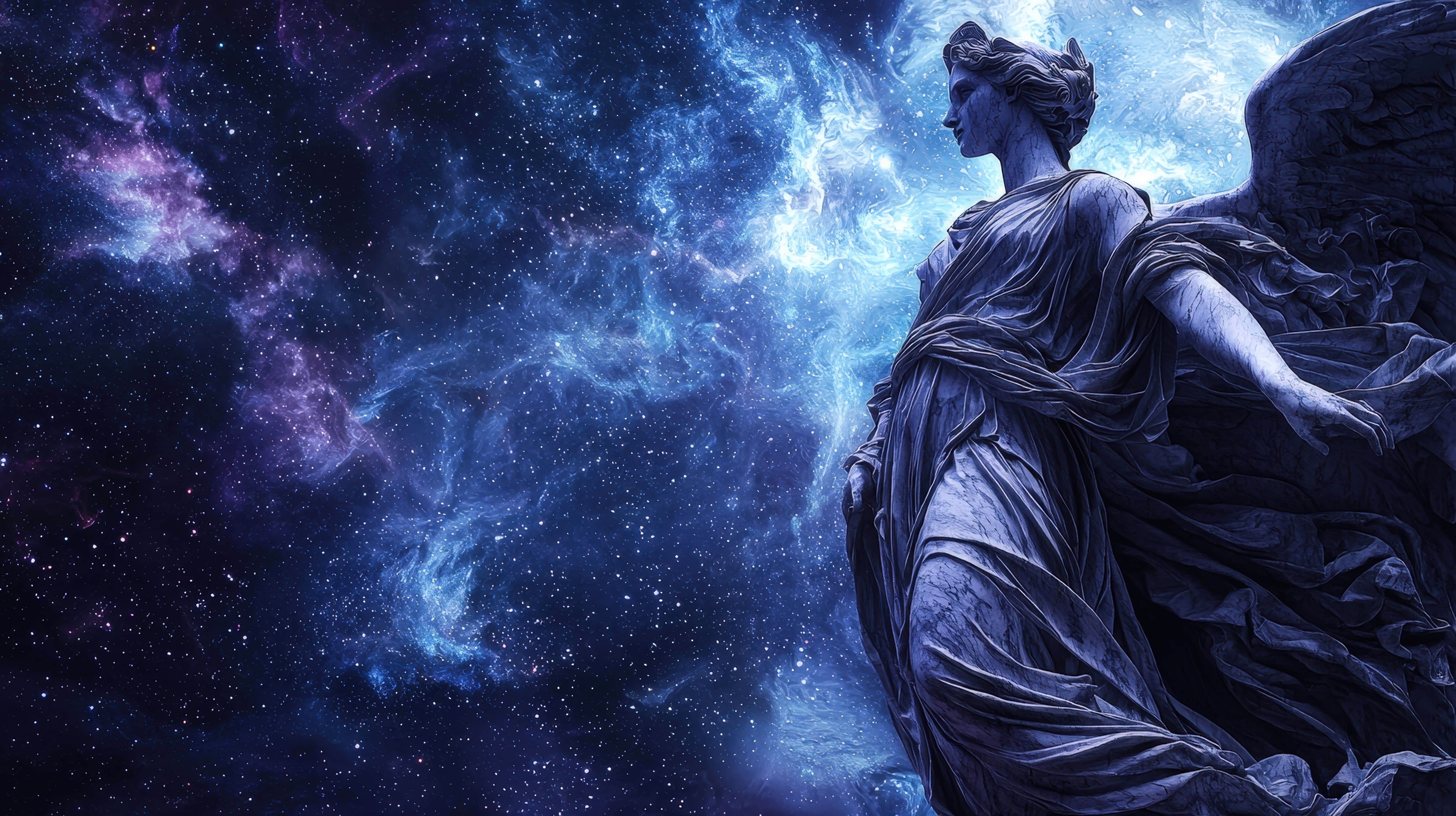 ethereal angel statue, flowing robes, celestial space background, 8K Desktop Wallpaper