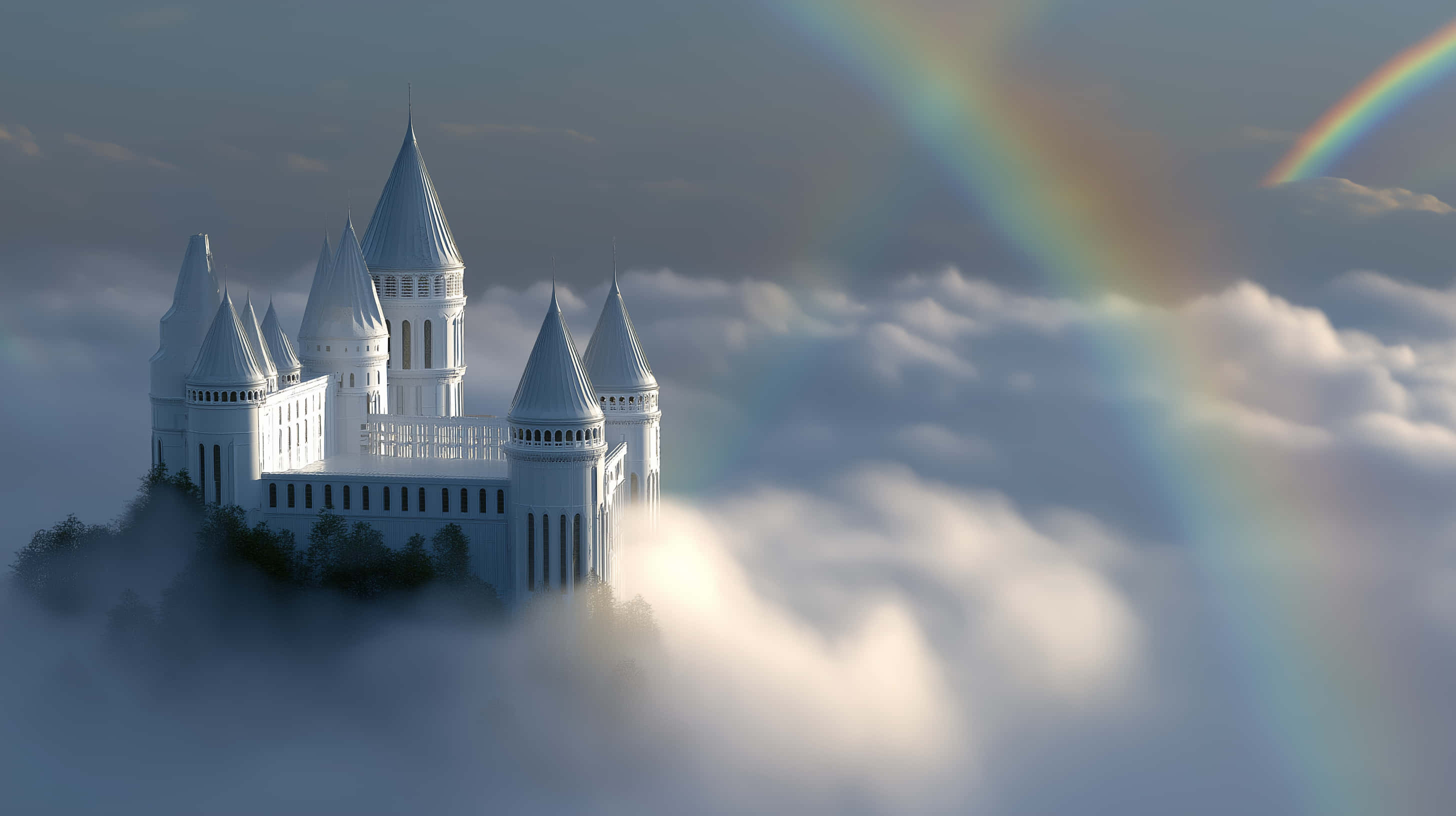 majestic white castle, pointed turrets, sea of clouds, 2K Desktop Wallpaper