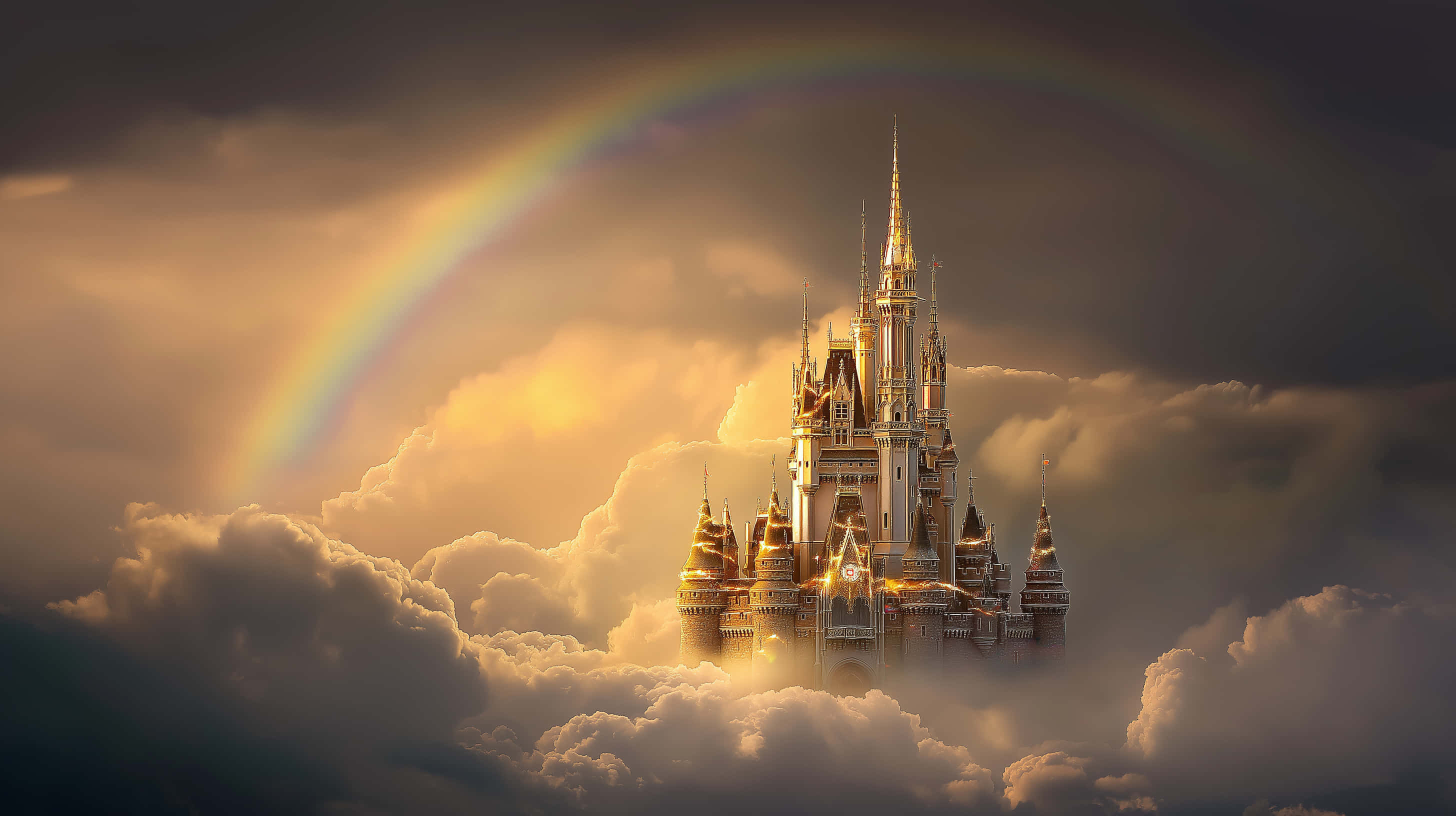 radiant fairytale castle, golden spires, fluffy clouds, 2K Desktop Wallpaper