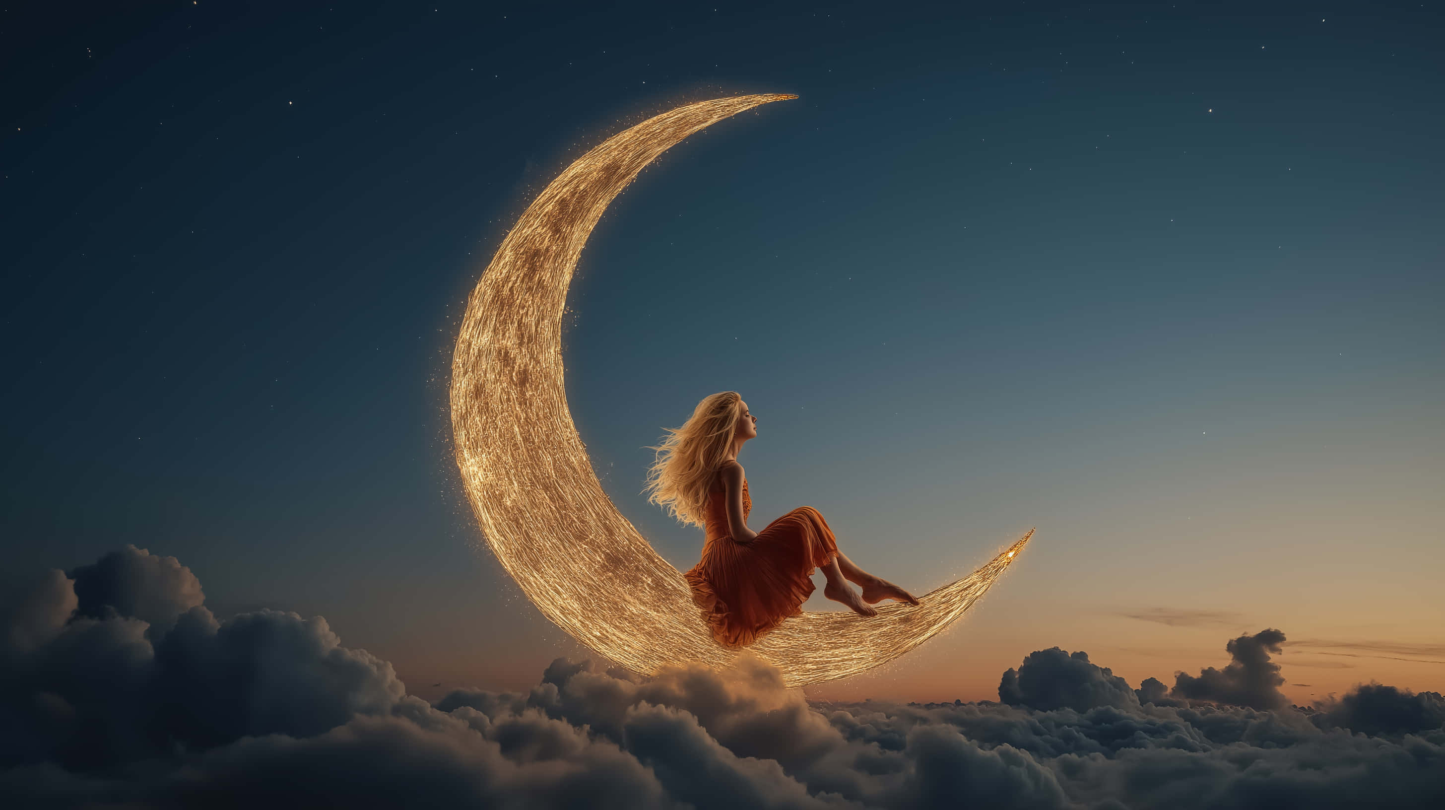 Dreamy Moon Rest, glowing crescent moon, fluffy clouds, 2K Desktop Wallpaper