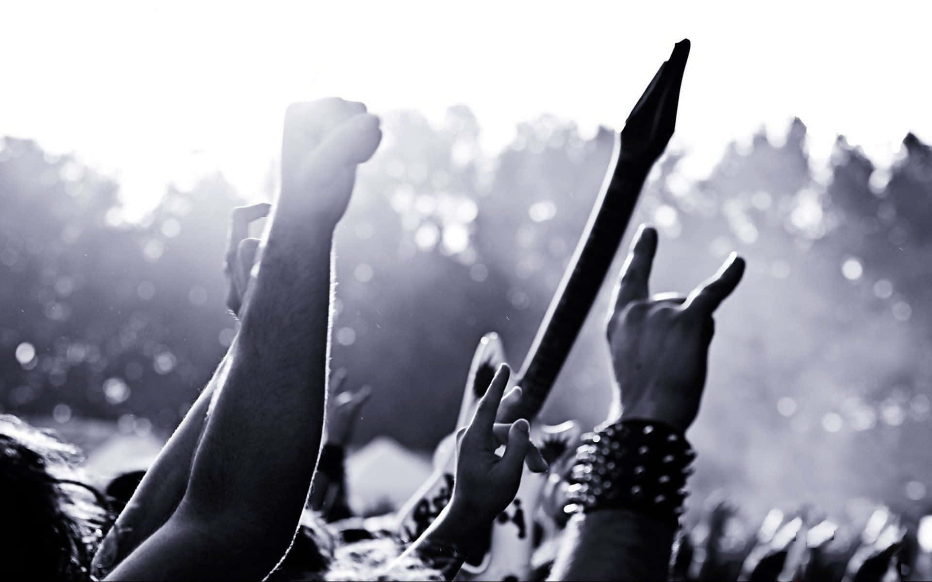 Heavy Metal, silhouetted concert crowd, arms raised fists, Full HD Desktop Wallpaper