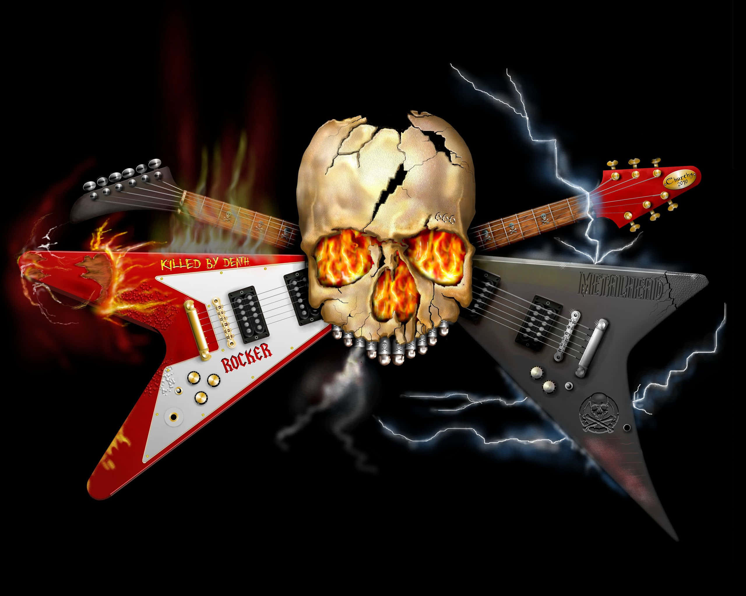 Heavy Metal, flaming skull, lightning bolts, 2K Desktop Wallpaper