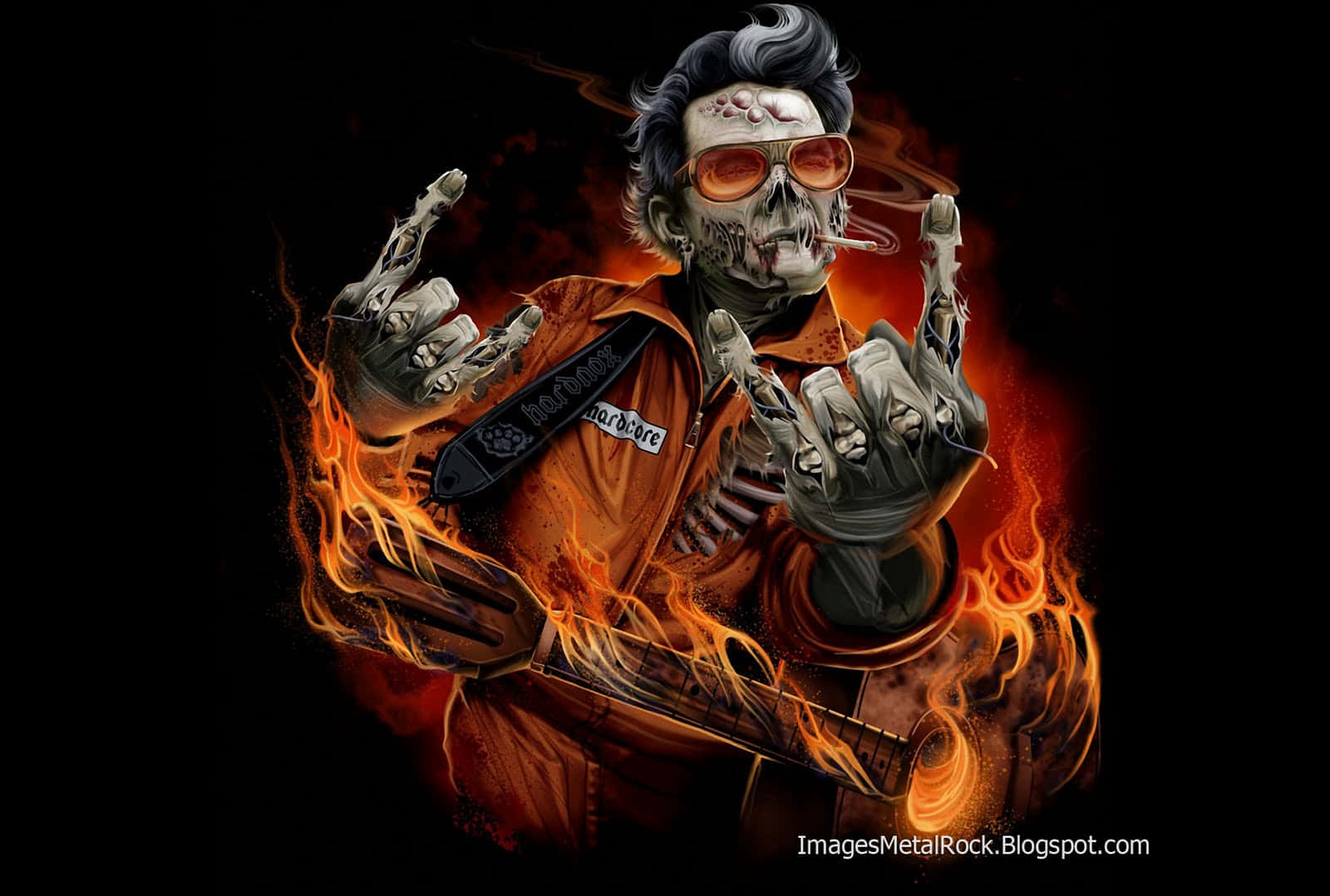 skeletal rockstar, glowing orange sunglasses, flaming electric guitar, HD Desktop Wallpaper