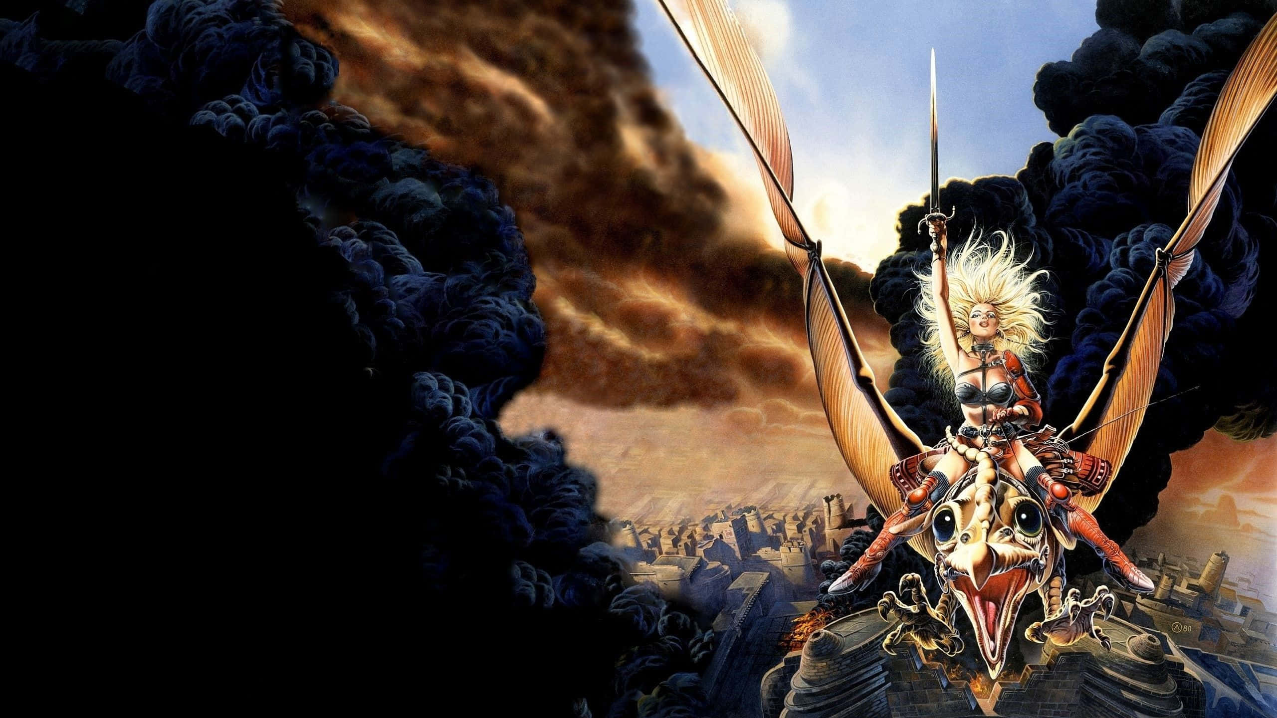 warrior woman, wild blonde hair, skeletal dragon, 2K Desktop Wallpaper
