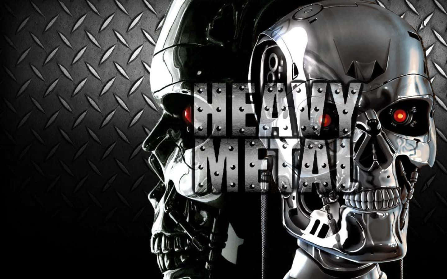 Heavy Metal, chrome robotic skulls, glowing red eyes, HD Desktop Wallpaper