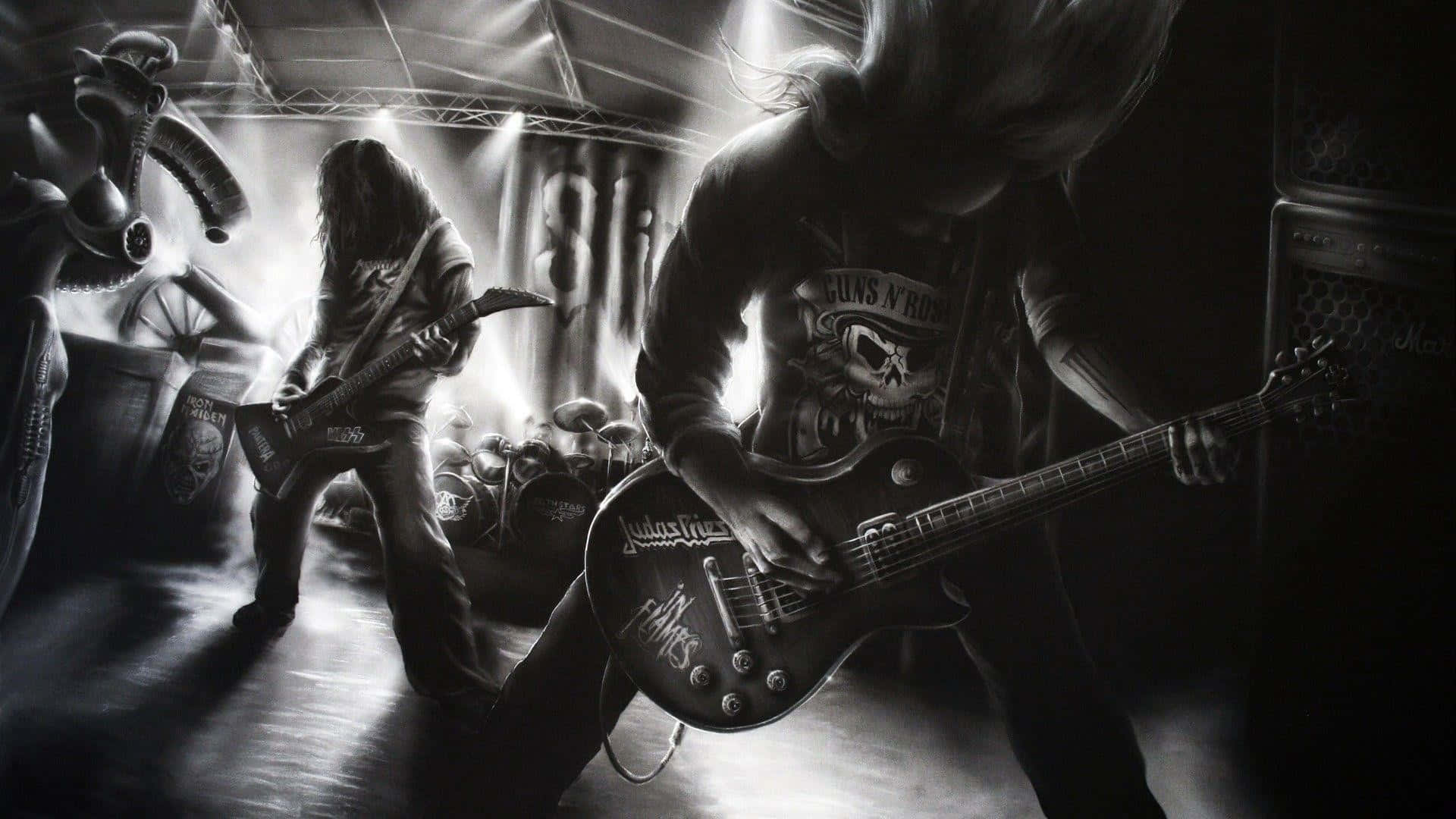 Live Heavy Metal Band, black and white illustration, guitarists, Full HD Desktop Wallpaper