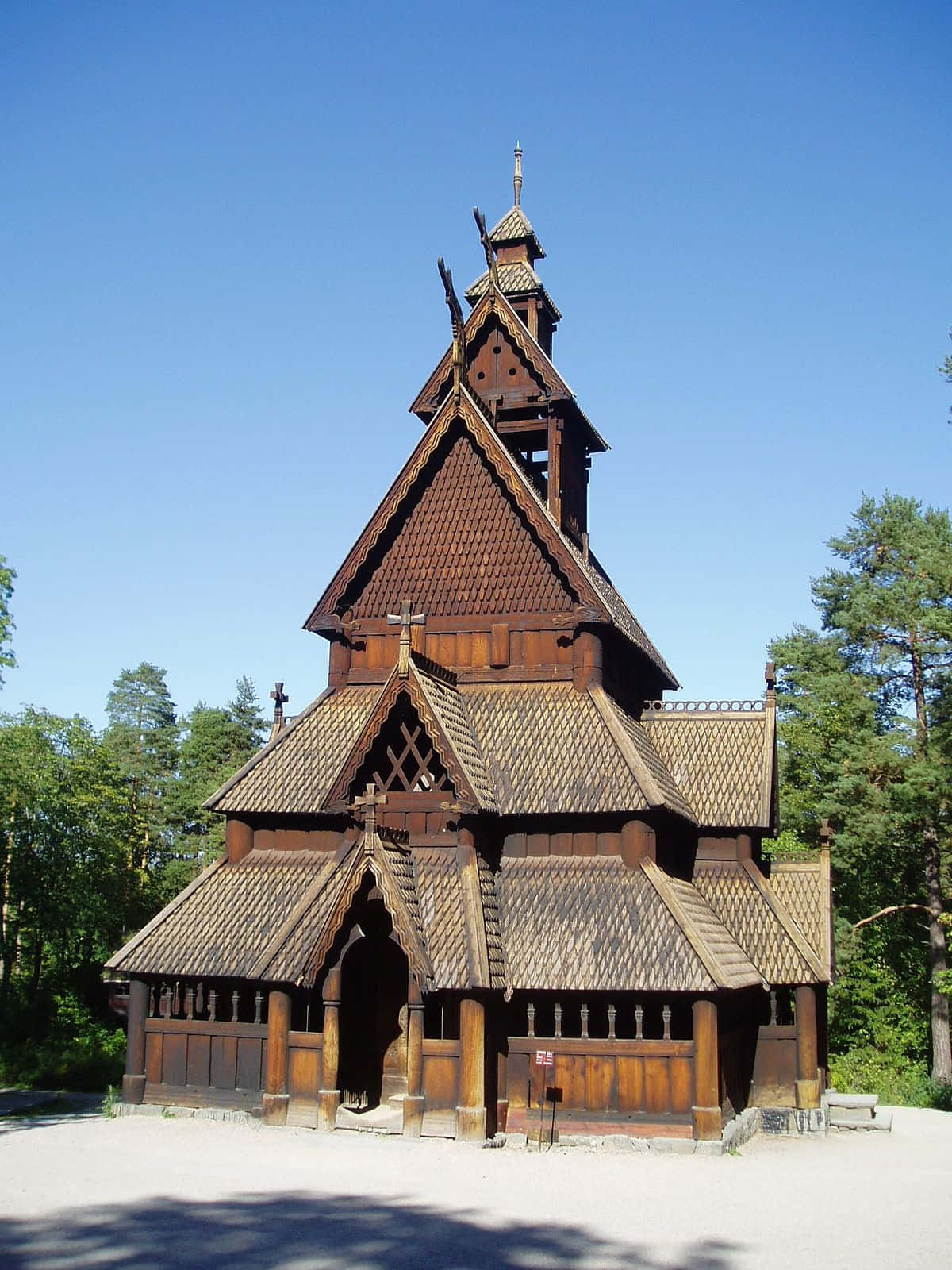 Heddal Stave Church, snow on ground, traditional wooden stave church, HD Phone Wallpaper