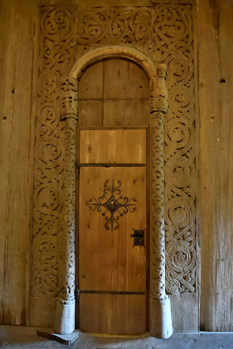 Heddal Stave Church, wooden door, swirling patterns, SD Phone Wallpaper