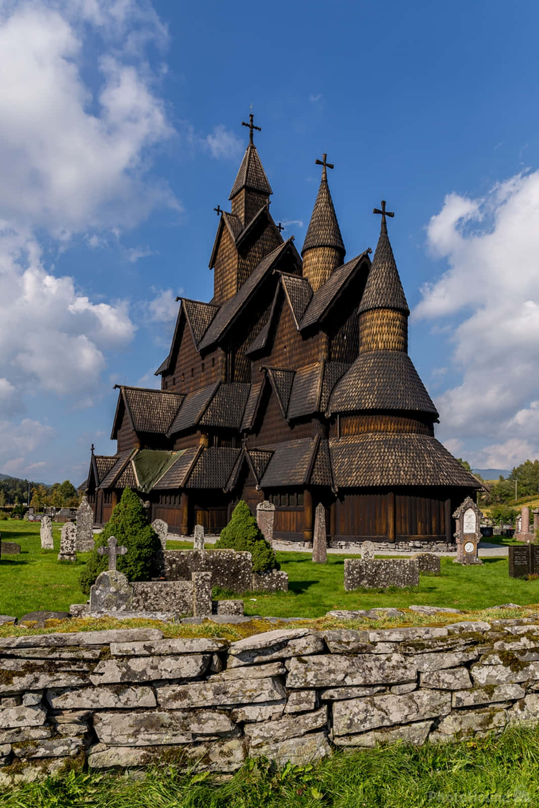 Heddal Stave Church, stone wall, dark wooden, HD Phone Wallpaper
