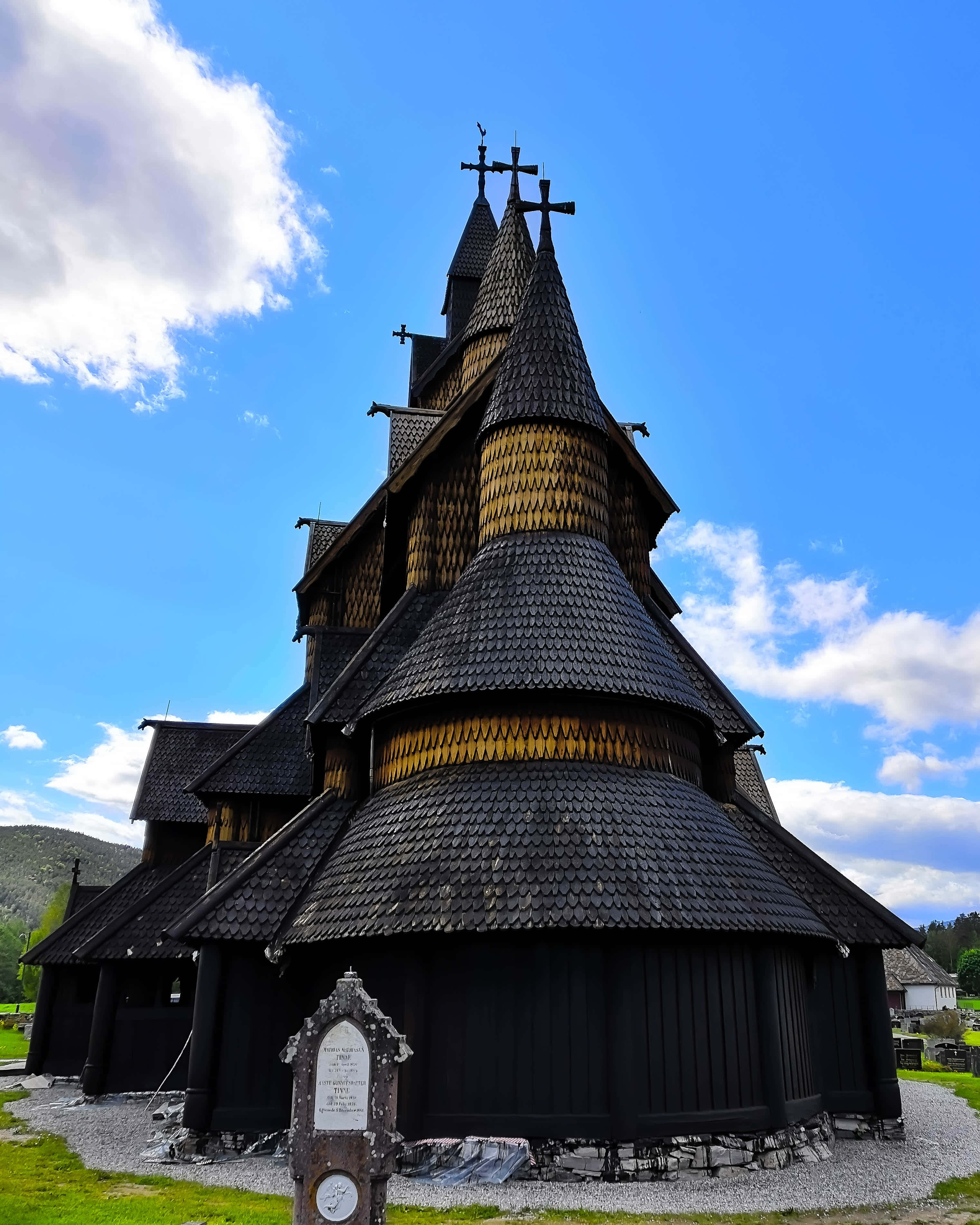 Heddal Stave Church, black wooden stave church, tiered roofs, 2K Phone Wallpaper