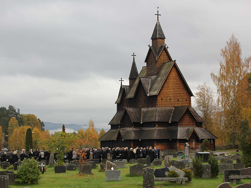 Heddal Stave Church, yellow trees, cemetery, SD Desktop Wallpaper