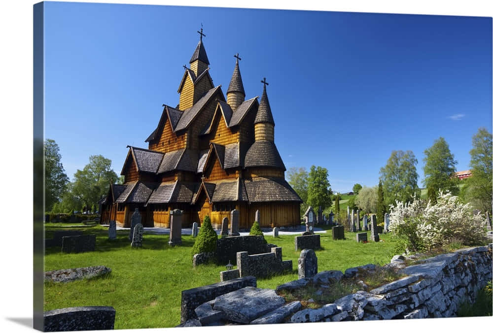 Heddal Stave Church, clear blue sky, green cemetery, SD Desktop Wallpaper