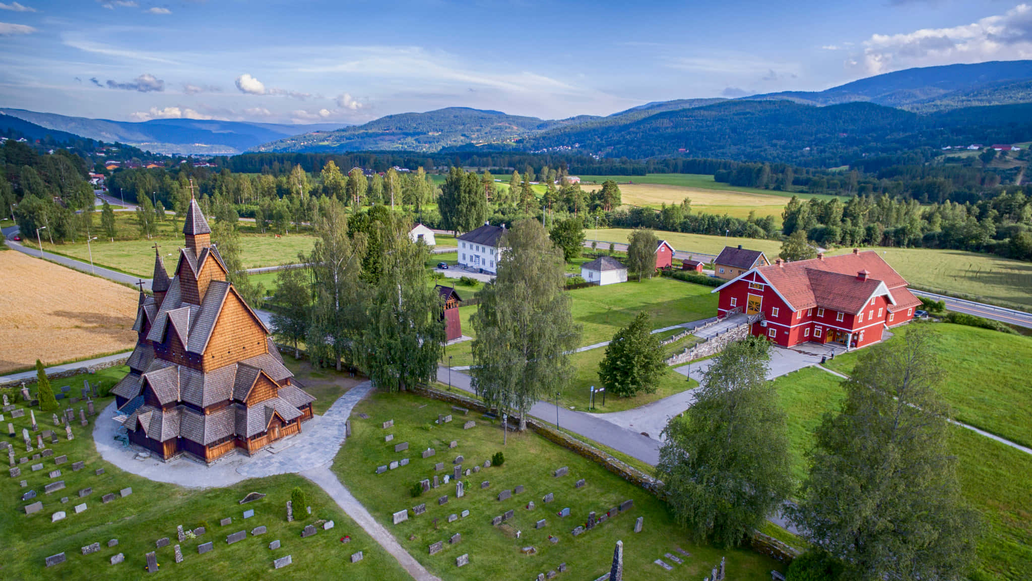Heddal Stave Church, cemetery, red-roofed buildings, Full HD Desktop Wallpaper