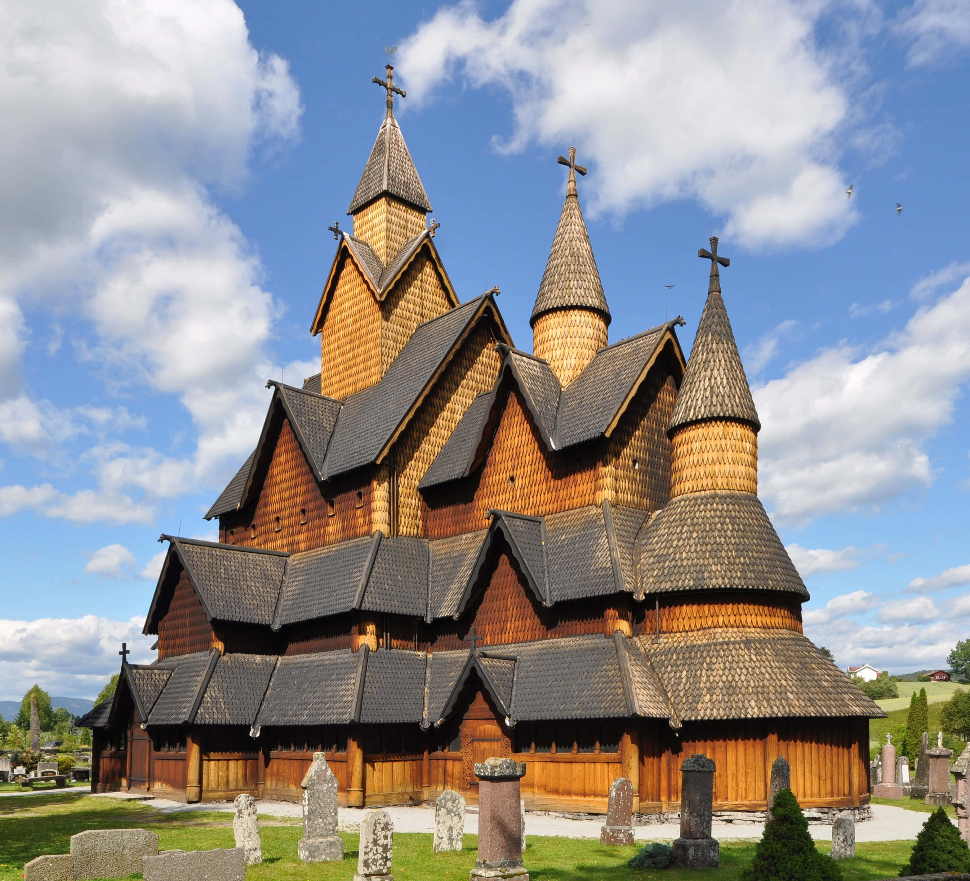 Heddal Stave Church, sunrise, steeples, 2K Desktop Wallpaper