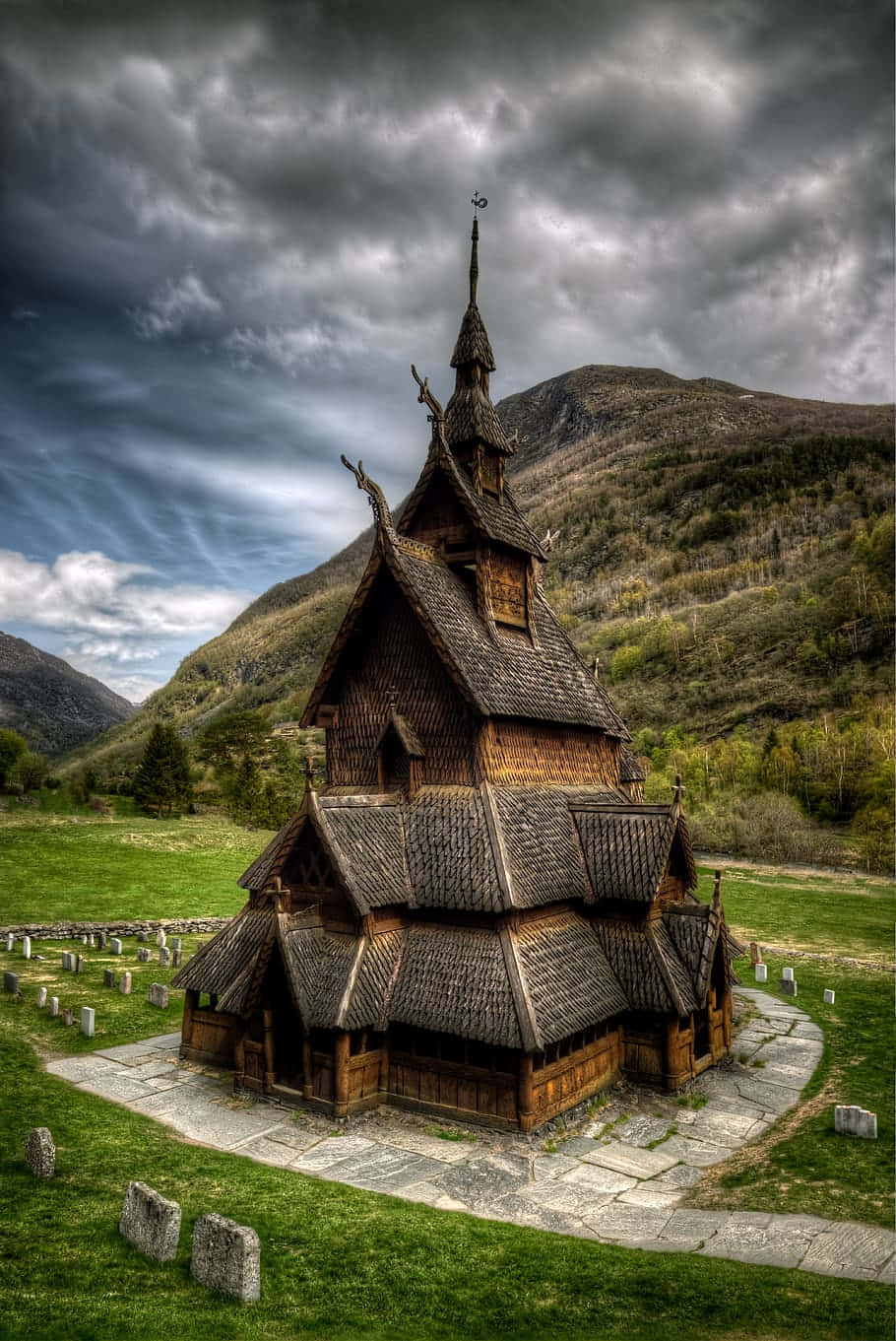 Heddal Stave Church, gray clouds, stormy sky, HD Phone Wallpaper