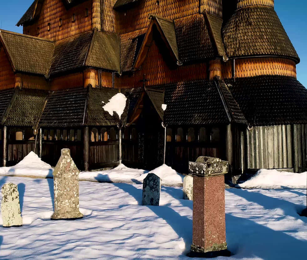 Heddal Stave Church, graveyard, snow, SD Desktop Wallpaper
