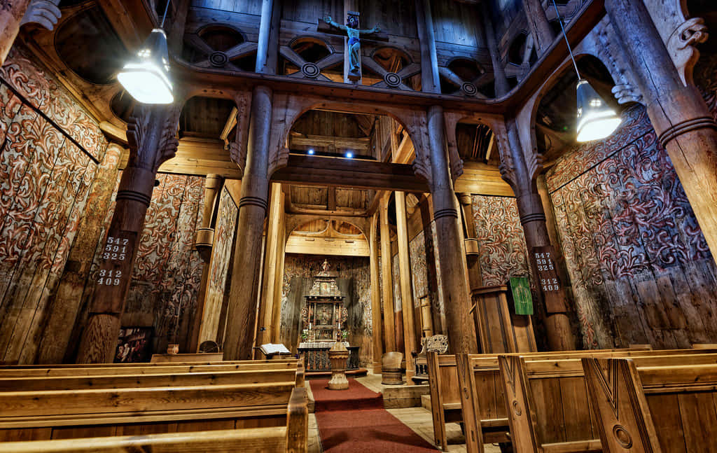 Heddal Stave Church, wooden church interior, carved pillars, SD Desktop Wallpaper