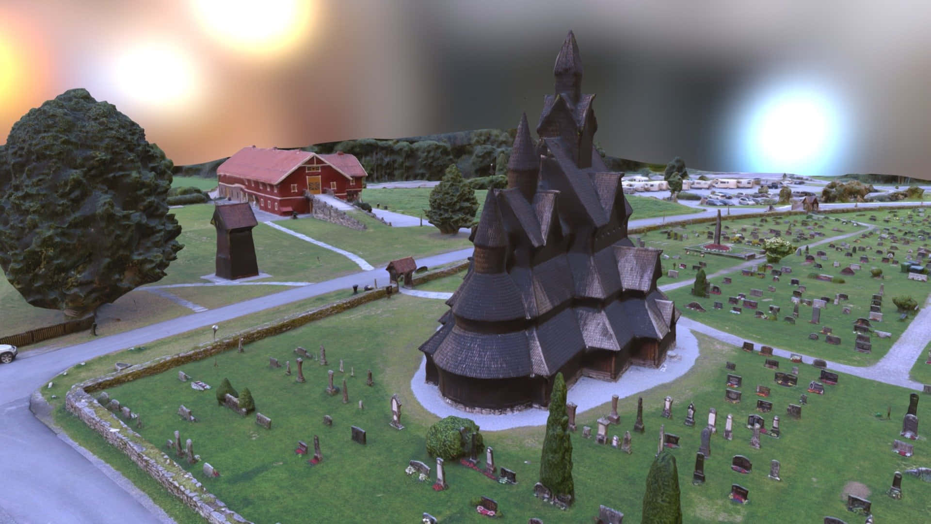 Heddal Stave Church, aerial view, cemetery, Full HD Desktop Wallpaper
