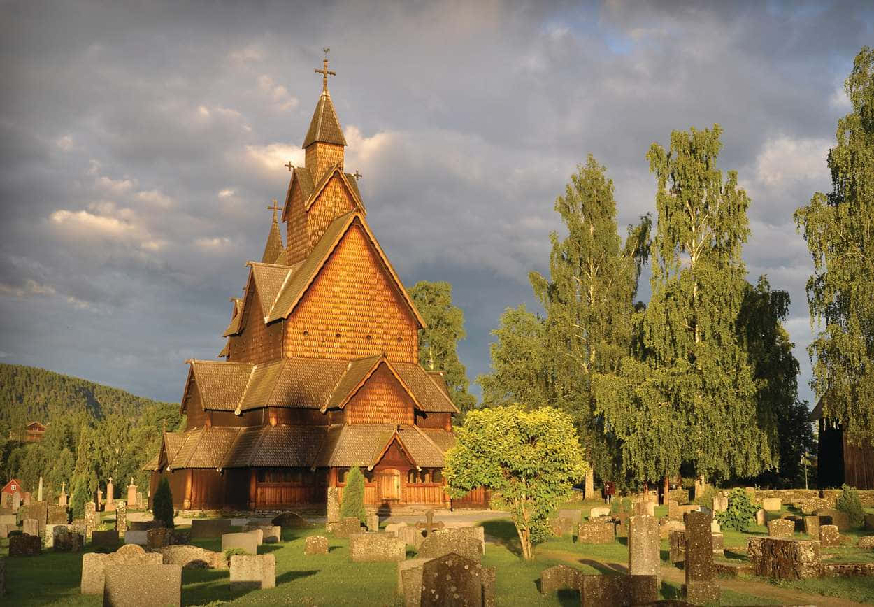 Heddal Stave Church, golden hour, golden sunset light, SD Desktop Wallpaper