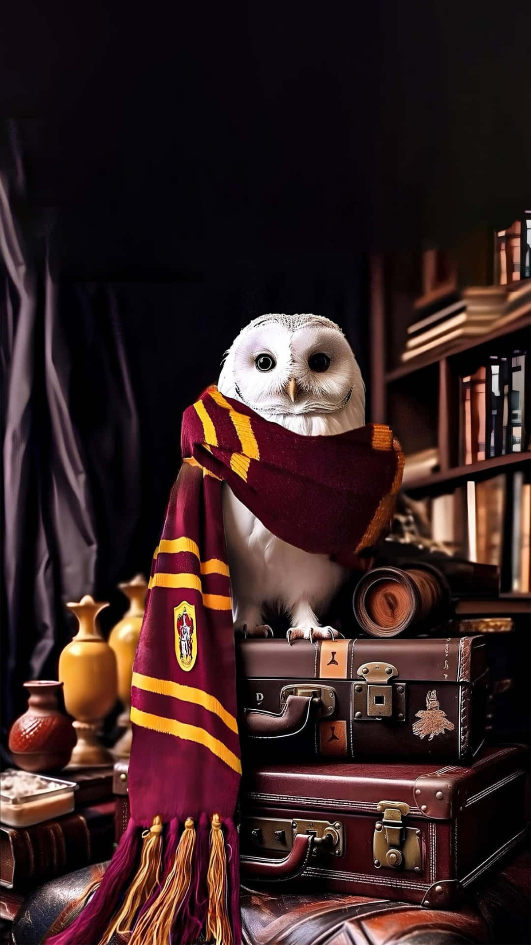 Hedwig, owl, maroon and gold striped scarf, Full HD Phone Wallpaper