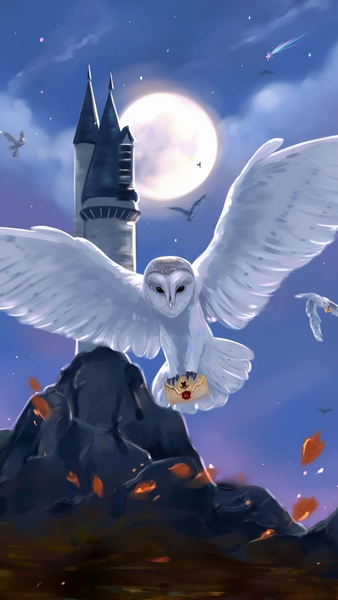 Hedwig, white owl, moonlit sky, Full HD Phone Wallpaper