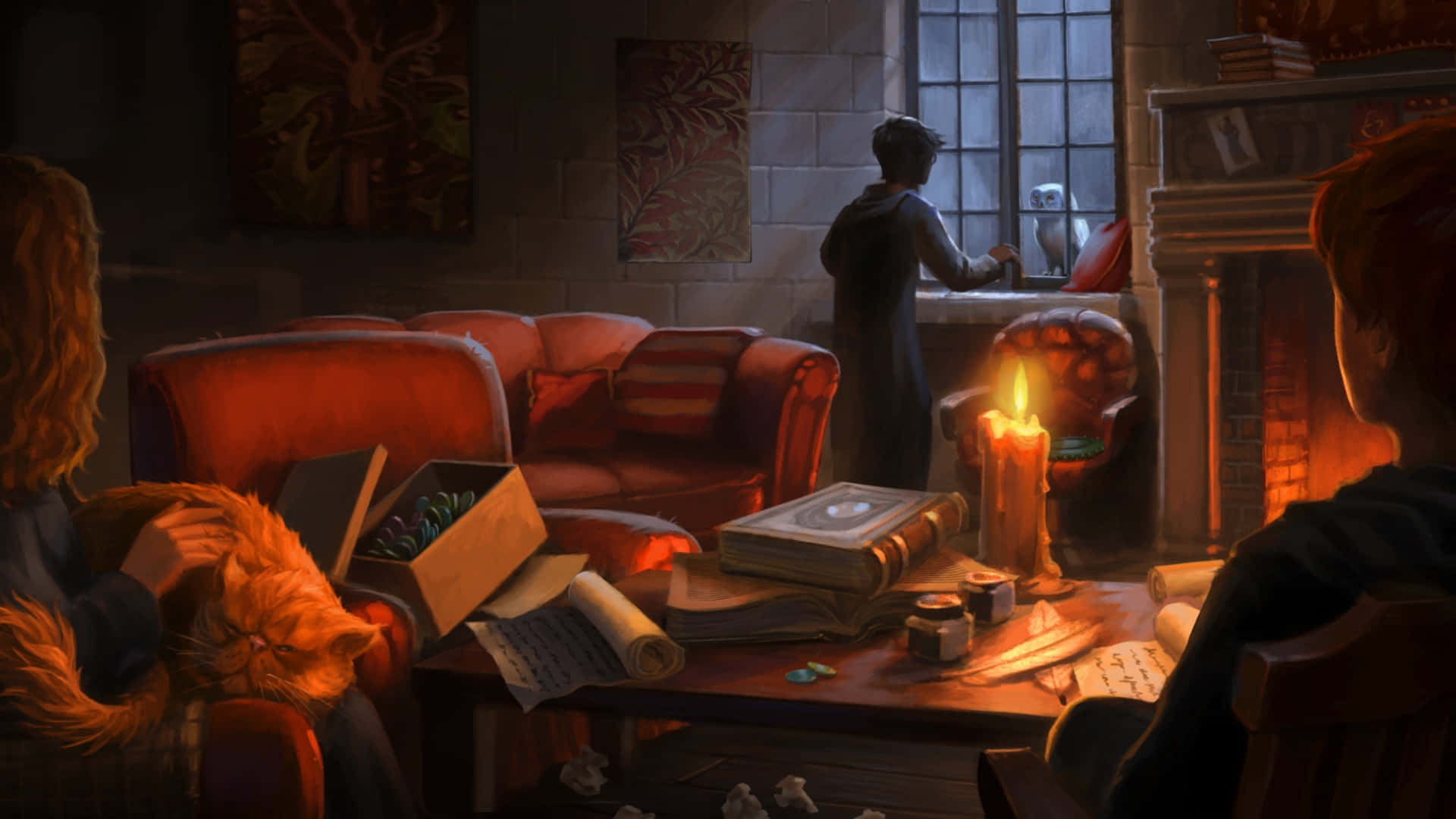 Hedwig, magical study, candlelight, Full HD Desktop Wallpaper