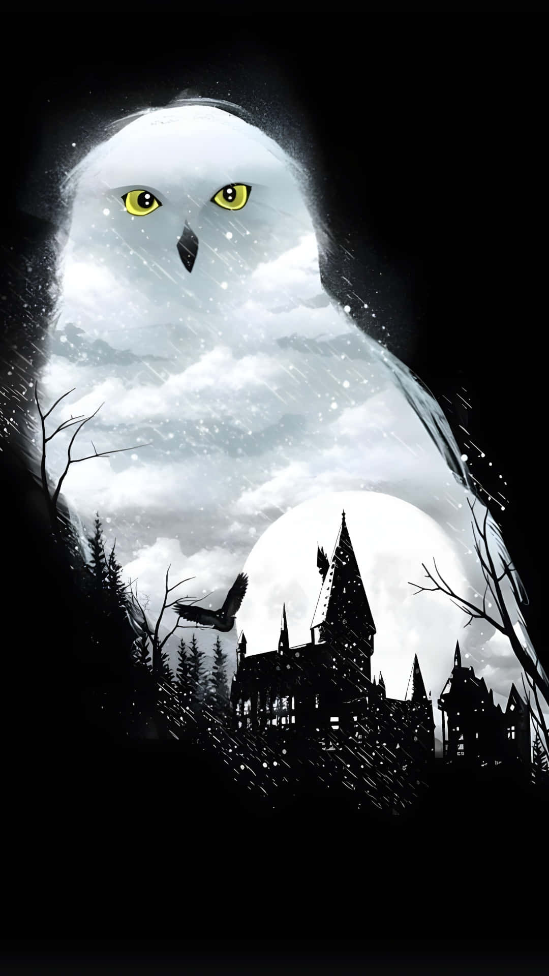 Hedwig, magical owl, snowy night sky, Full HD Phone Wallpaper