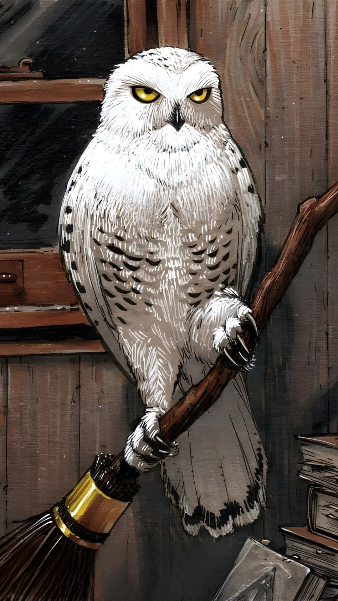 Hedwig, snowy owl, broomstick, Full HD Phone Wallpaper