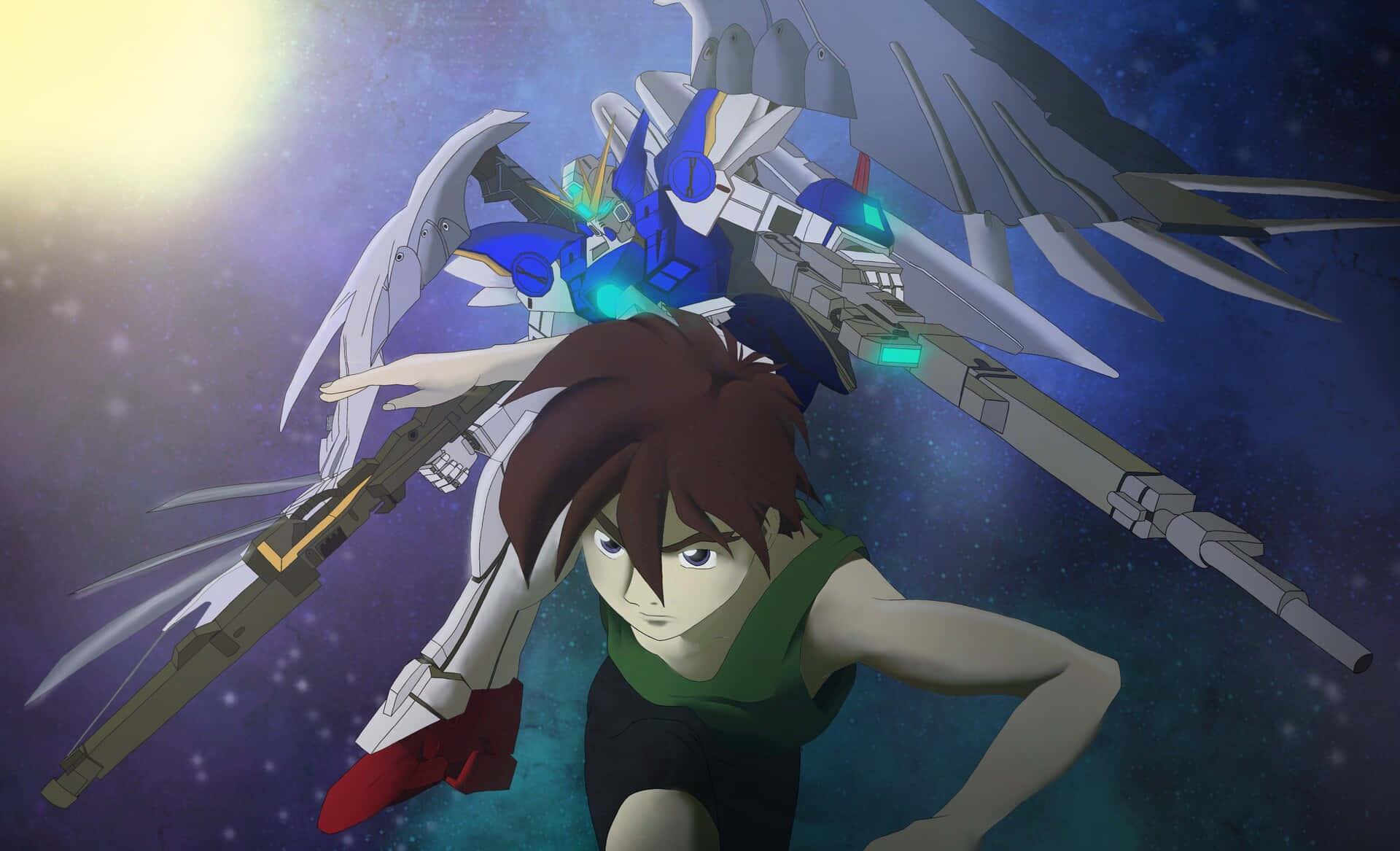 Heero Yuy, green vest, white blue mobile suit, Full HD Desktop Wallpaper
