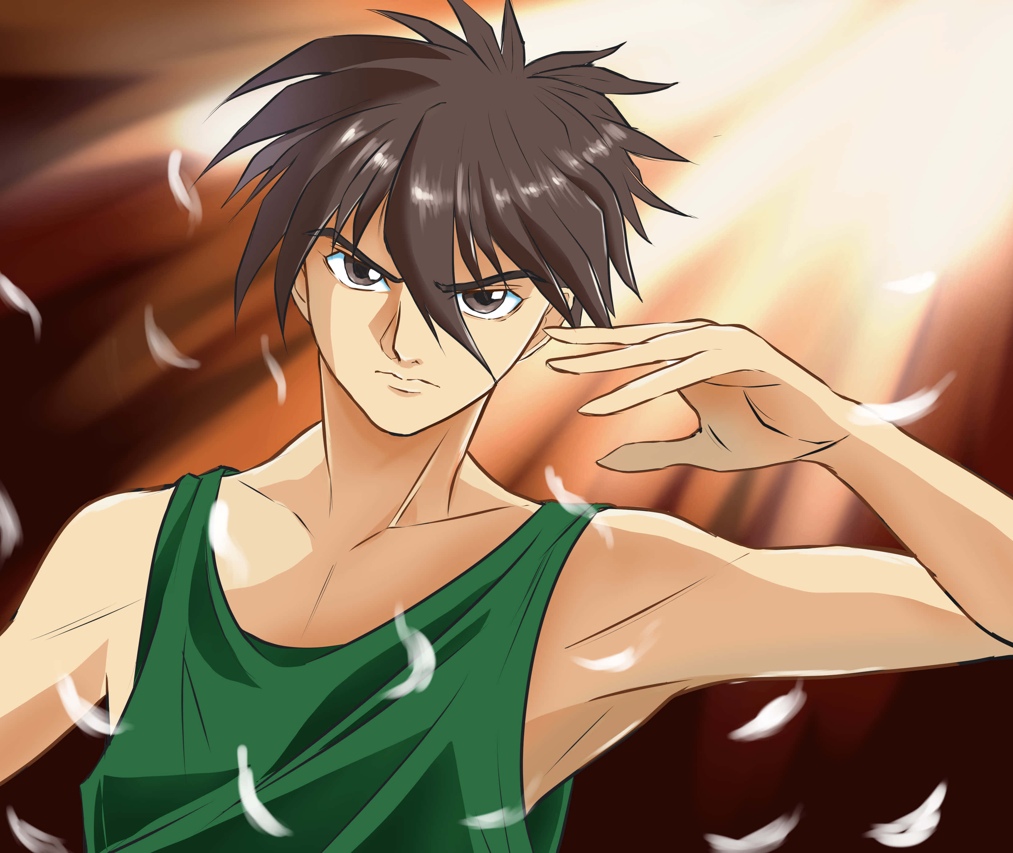 Heero Yuy, green tank top, white feathers, 2K Desktop Wallpaper