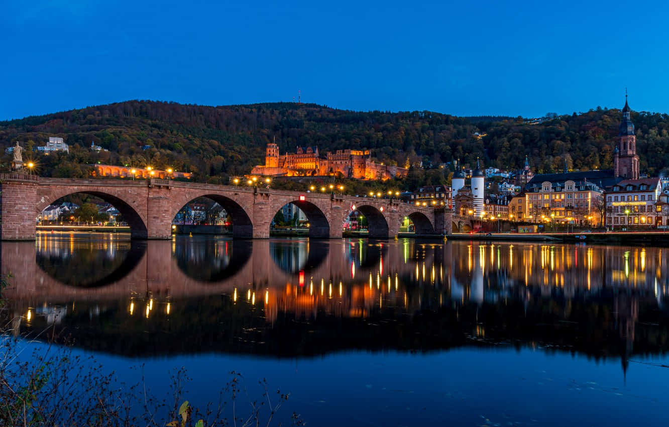 Heidelberg Castle, stone bridge, warm lights, HD Desktop Wallpaper