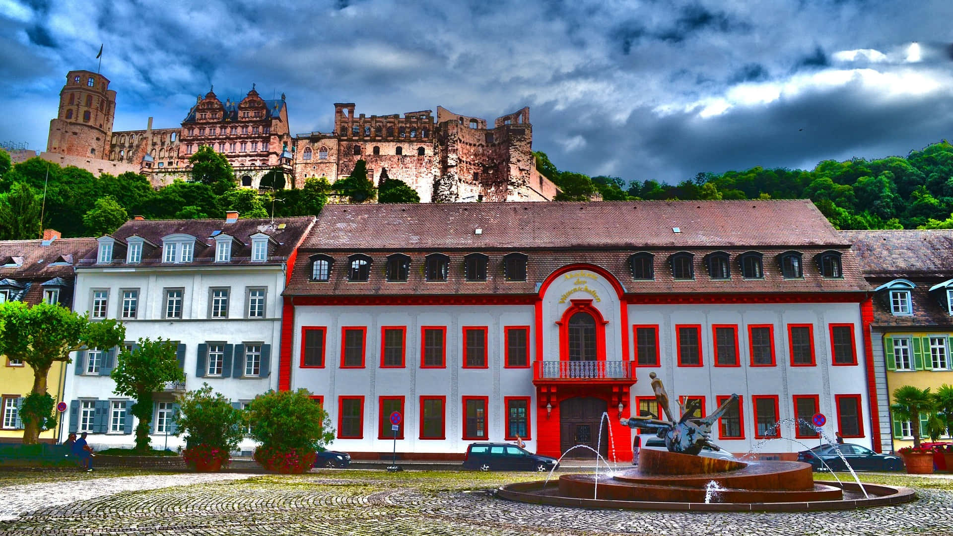 Heidelberg Castle, red and white building, fountain, Full HD Desktop Wallpaper