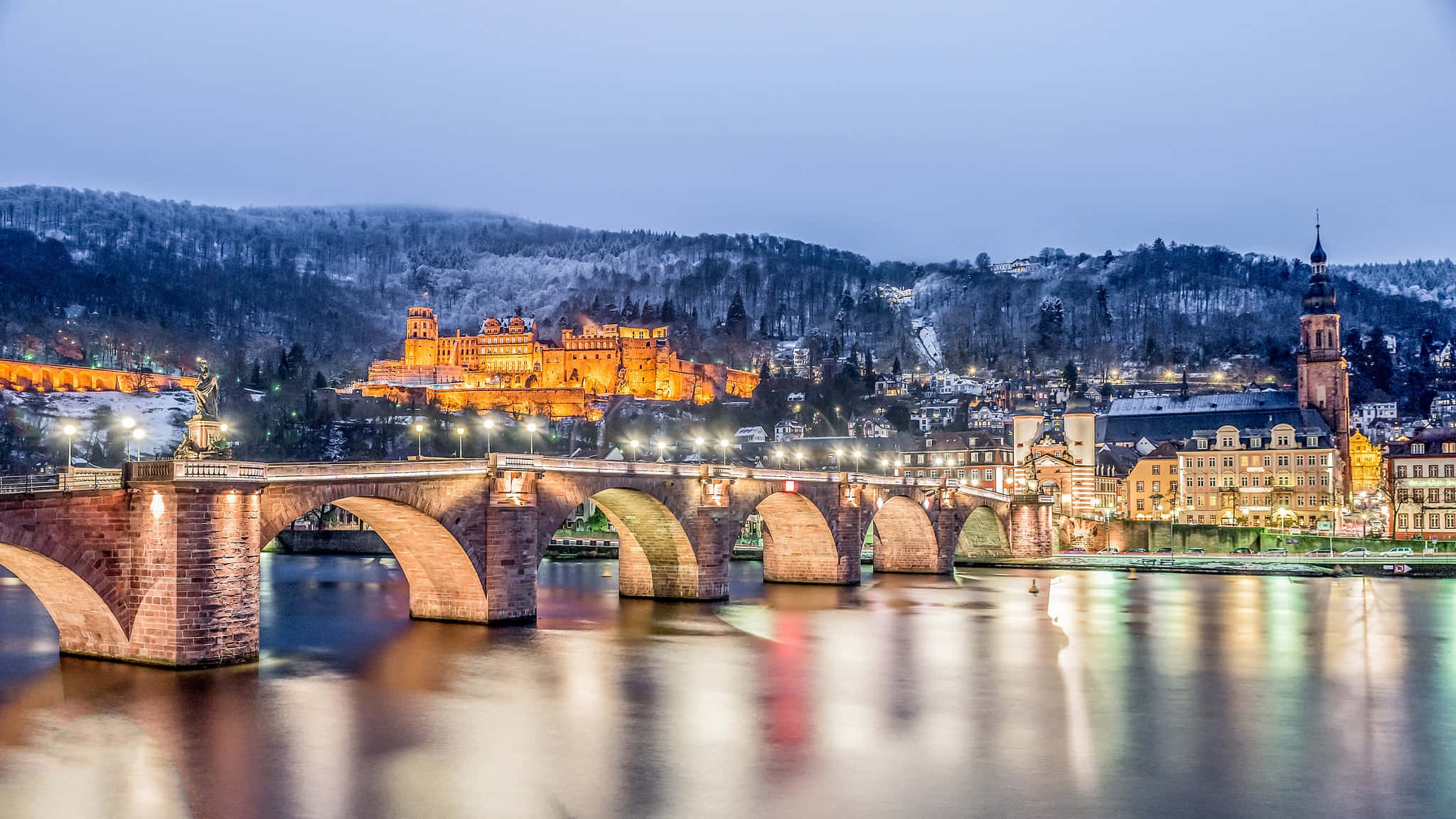 Heidelberg Castle, stone bridge, calm river, Full HD Desktop Wallpaper