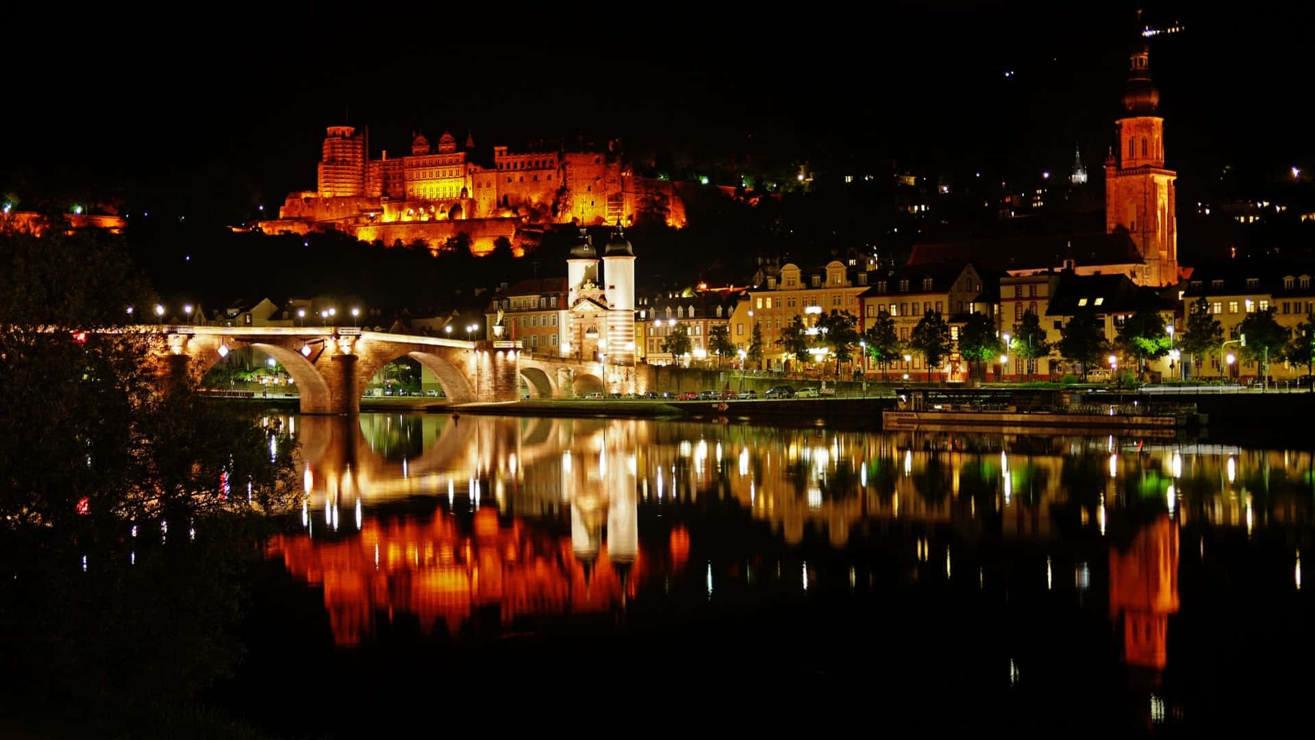 Heidelberg Castle, night, river, Full HD Desktop Wallpaper
