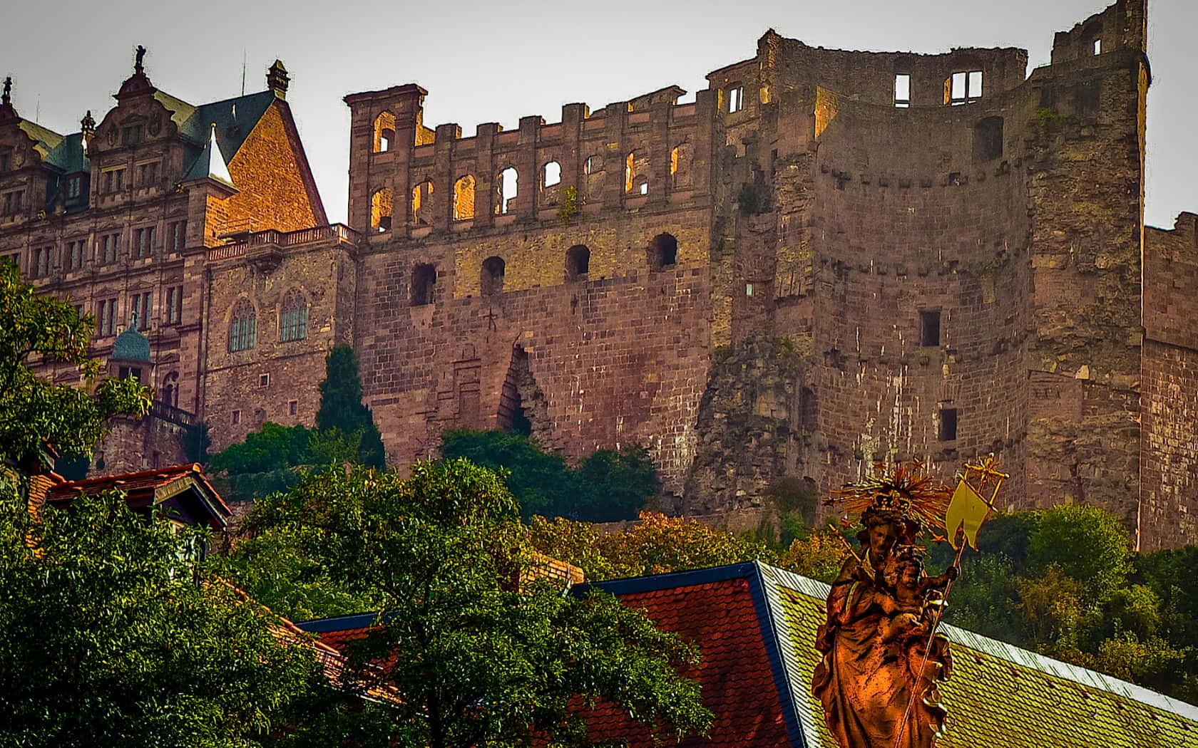 Heidelberg Castle, Sunset, golden light, HD Desktop Wallpaper