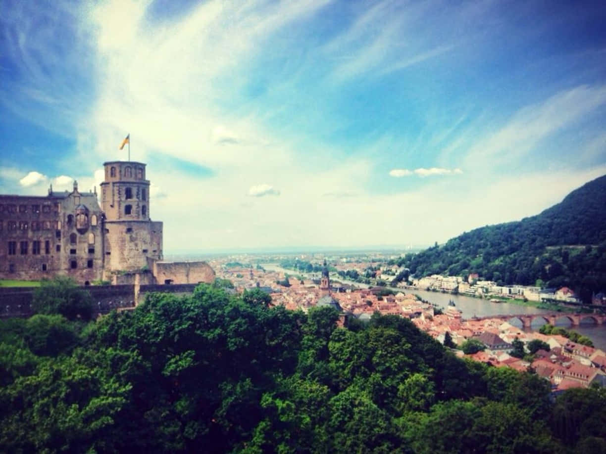 Heidelberg Castle, thin clouds, red rooftops, SD Desktop Wallpaper