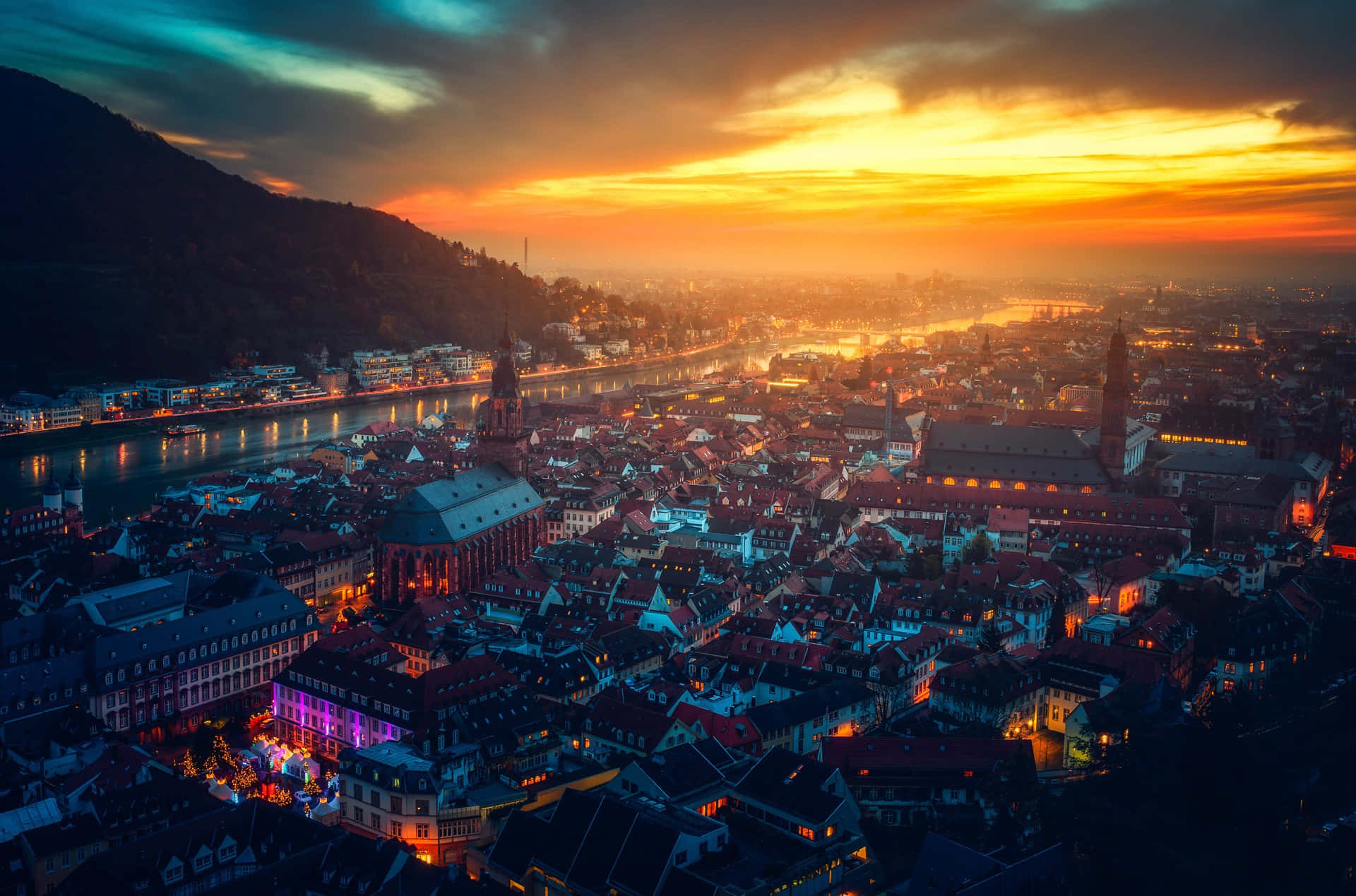 Heidelberg Castle, sunset, golden sky, Full HD Desktop Wallpaper