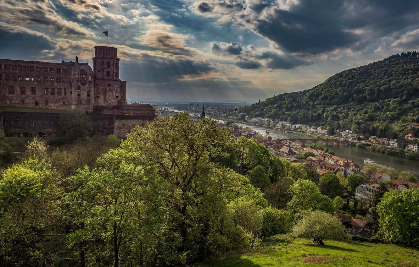 Heidelberg Castle, cloudy sky, winding river, HD Desktop Wallpaper