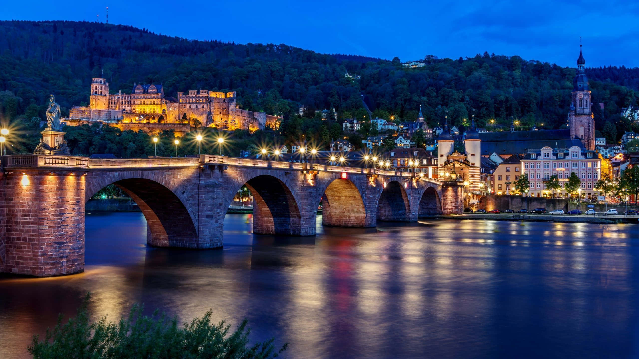 Heidelberg Castle, twilight, stone bridge, 2K Desktop Wallpaper
