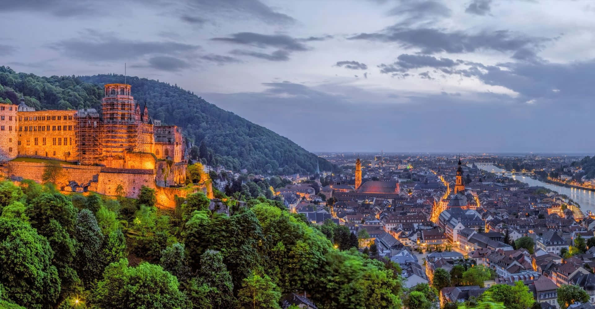 Heidelberg Castle, evening lights, cloudy twilight sky, Full HD Desktop Wallpaper